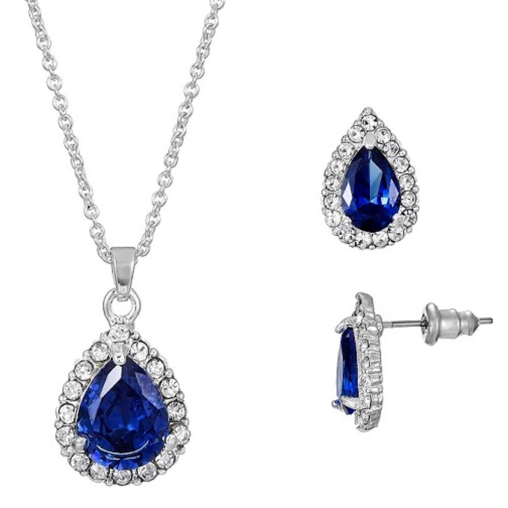 PRIMAVERA 2pc Teardrop Sapphire Blue/Clear CZ Silver Plated Necklace/Earrings
